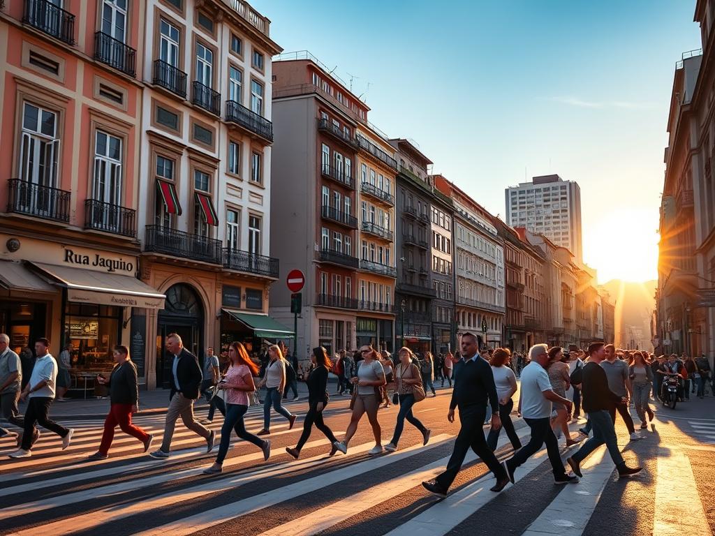 A bustling urban intersection, the sun casting warm, golden light across the scene. In the foreground, pedestrians navigate the crosswalk, their steps purposeful. The middle ground reveals the iconic Rua Joaquim Floriano, lined with charming shops and cafes, their facades adorned with colorful awnings. In the background, towering buildings stand as silent witnesses to the ebb and flow of city life. The atmosphere is one of vibrant energy, inviting the viewer to imagine themselves strolling down this charming street, taking in the sights and sounds of this vibrant neighborhood. A bustling urban intersection, the sun casting warm, golden light across the scene. In the foreground, pedestrians navigate the crosswalk, their steps purposeful. The middle ground reveals the iconic Rua Joaquim Floriano, lined with charming shops and cafes, their facades adorned with colorful awnings. In the background, towering buildings stand as silent witnesses to the ebb and flow of city life. The atmosphere is one of vibrant energy, inviting the viewer to imagine themselves strolling down this charming street, taking in the sights and sounds of this vibrant neighborhood.