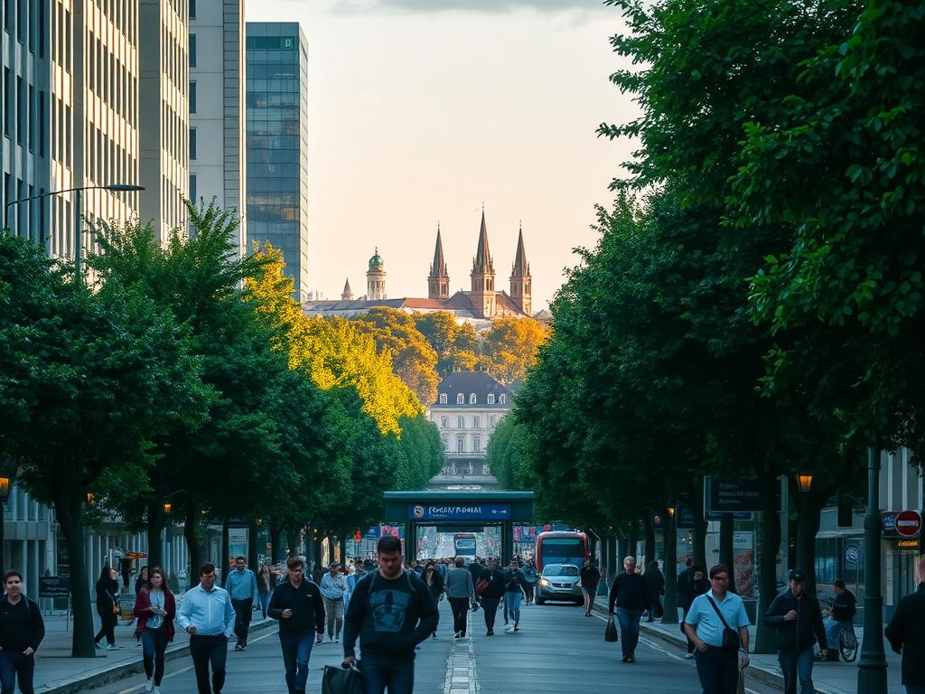 A bustling urban street in the heart of the city, Rua Joaquim Floriano is flanked by towering modern buildings and lush, verdant trees. In the foreground, commuters hurry along the sidewalks, their silhouettes cast against the warm glow of street lamps. The middle ground features the entrances to nearby metro and bus stations, their signage and architectural details clearly visible. In the background, the skyline is punctuated by the spires of historic landmarks, bathed in the soft, diffused light of a late afternoon. The scene conveys a sense of energy and connectivity, reflecting the vibrant, cosmopolitan character of this dynamic neighborhood. A bustling urban street in the heart of the city, Rua Joaquim Floriano is flanked by towering modern buildings and lush, verdant trees. In the foreground, commuters hurry along the sidewalks, their silhouettes cast against the warm glow of street lamps. The middle ground features the entrances to nearby metro and bus stations, their signage and architectural details clearly visible. In the background, the skyline is punctuated by the spires of historic landmarks, bathed in the soft, diffused light of a late afternoon. The scene conveys a sense of energy and connectivity, reflecting the vibrant, cosmopolitan character of this dynamic neighborhood.