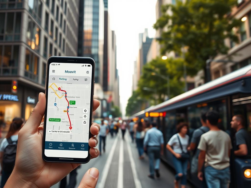 A busy urban street in the city, with people commuting via public transportation. In the foreground, a modern, sleek Moovit app interface displayed on a smartphone screen, showcasing the routing and navigation features. The middle ground features a public bus or metro station, with passengers waiting and boarding. In the background, a mix of modern high-rise buildings and lush greenery, creating a vibrant, metropolitan atmosphere. The lighting is a blend of natural daylight and warm, artificial illumination, casting a welcoming glow. The overall scene conveys the convenience and ease of navigating the city using the Moovit app. A busy urban street in the city, with people commuting via public transportation. In the foreground, a modern, sleek Moovit app interface displayed on a smartphone screen, showcasing the routing and navigation features. The middle ground features a public bus or metro station, with passengers waiting and boarding. In the background, a mix of modern high-rise buildings and lush greenery, creating a vibrant, metropolitan atmosphere. The lighting is a blend of natural daylight and warm, artificial illumination, casting a welcoming glow. The overall scene conveys the convenience and ease of navigating the city using the Moovit app.