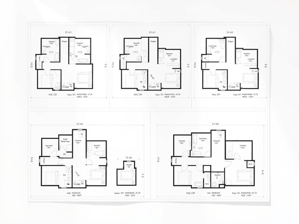 A modern, minimalist apartment layout displaying various floor plans and unit sizes. Detailed architectural diagrams showcase different unit typologies, with precise measurements and dimensions annotated. The plans are presented against a clean, white background, with a subtle grid overlay to provide scale and context. Soft, indirect lighting accentuates the crisp, technical drawings, creating a sense of clarity and precision. The overall mood is one of informative professionalism, suitable for a real estate or interior design publication. Um layout de apartamento moderno e minimalista, exibindo diversas plantas e tamanhos de unidades. Diagramas arquitetônicos detalhados mostram diferentes tipologias de unidades, com medidas e dimensões precisas anotadas. As plantas são apresentadas sobre um fundo branco e limpo, com uma sutil sobreposição de grade para fornecer escala e contexto. A iluminação suave e indireta acentua os desenhos técnicos e nítidos, criando uma sensação de clareza e precisão. O clima geral é de profissionalismo informativo, adequado para uma publicação imobiliária ou de design de interiores.