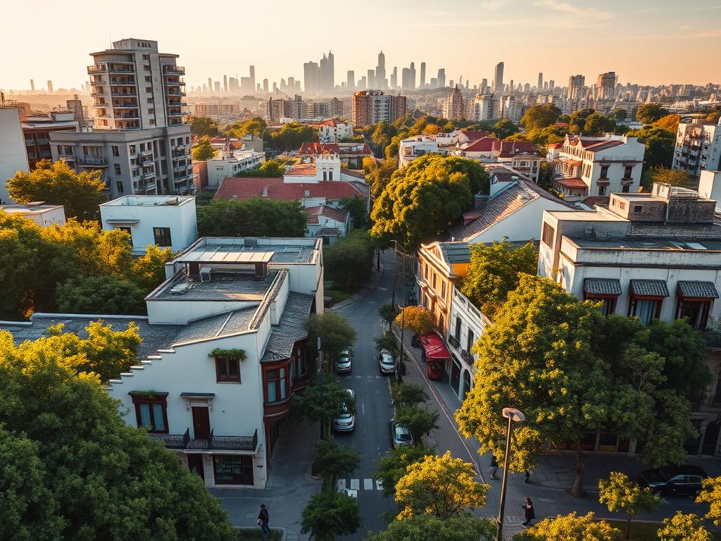 A vibrant, high-resolution aerial view of the Itaim Bibi neighborhood in São Paulo, Brazil. The foreground showcases the diverse architecture, with a mix of modern high-rise buildings and charming low-rise structures adorned with lush greenery. The middle ground reveals the winding streets lined with trees, cafes, and boutiques, capturing the bustling yet serene atmosphere of the area. In the background, the iconic skyline of São Paulo can be seen, highlighting the strategic location of Itaim Bibi, with easy access to the city's financial and cultural hubs. The scene is bathed in warm, golden afternoon light, conveying a sense of inviting sophistication and urban sophistication. Uma vista aérea vibrante e em alta resolução do bairro do Itaim Bibi, em São Paulo, Brasil. O primeiro plano destaca a arquitetura diversificada, com uma mistura de arranha-céus modernos e charmosas estruturas baixas adornadas com vegetação exuberante. O plano central revela as ruas sinuosas ladeadas por árvores, cafés e butiques, capturando a atmosfera agitada e serena da região. Ao fundo, o icônico skyline de São Paulo pode ser visto, destacando a localização estratégica do Itaim Bibi, com fácil acesso aos centros financeiros e culturais da cidade. A cena é banhada pela luz quente e dourada da tarde, transmitindo uma sensação de sofisticação convidativa e sofisticação urbana.
