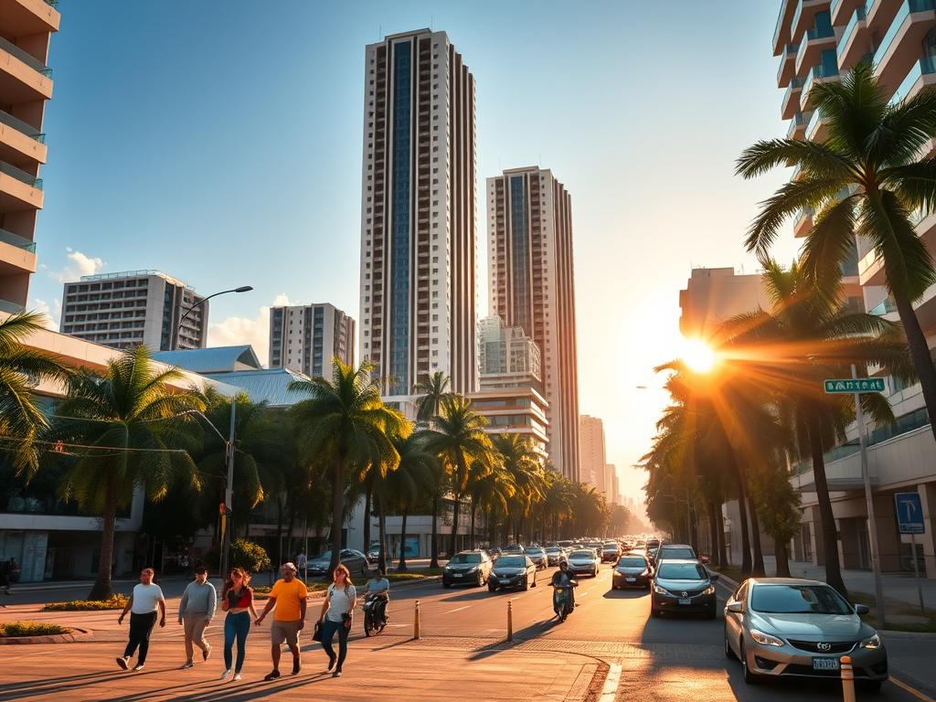A vibrant residential street in São Paulo, Rua Joaquim Floriano is lined with modern high-rise buildings and lush palm trees. In the foreground, a group of people stroll along the wide sidewalk, enjoying the sunny day. In the middle ground, cars and motorcycles move through the light traffic, while pedestrians wait at a crosswalk. In the background, the tall, sleek towers of the neighborhood rise up, casting long shadows across the scene. The warm, golden light of the afternoon sun bathes the entire landscape, creating a welcoming and inviting atmosphere for those looking to live and experience this vibrant urban locale. A vibrant residential street in São Paulo, Rua Joaquim Floriano is lined with modern high-rise buildings and lush palm trees. In the foreground, a group of people stroll along the wide sidewalk, enjoying the sunny day. In the middle ground, cars and motorcycles move through the light traffic, while pedestrians wait at a crosswalk. In the background, the tall, sleek towers of the neighborhood rise up, casting long shadows across the scene. The warm, golden light of the afternoon sun bathes the entire landscape, creating a welcoming and inviting atmosphere for those looking to live and experience this vibrant urban locale.