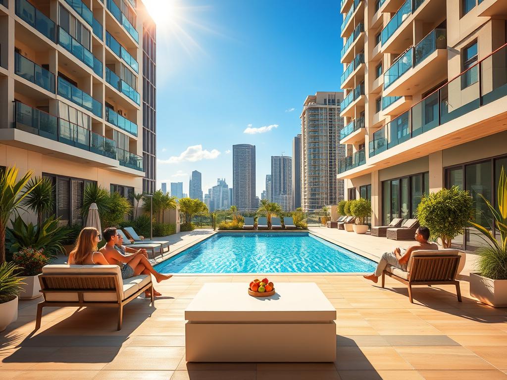A vibrant, sun-drenched scene of a modern, well-appointed apartment's common leisure area. In the foreground, a group of friends gathered around a sleek, minimalist outdoor lounge set, engaged in lively conversation. Midground features a sparkling, azure swimming pool flanked by lush, verdant landscaping. In the background, the silhouettes of tall, gleaming high-rise buildings against a cloudless, azure sky, conveying a sense of urban sophistication. Soft, warm lighting filters through, casting a gentle, inviting glow over the entire scene. The overall atmosphere is one of relaxation, comfort, and a high-end, cosmopolitan lifestyle. Uma cena vibrante e ensolarada da área de lazer comum de um apartamento moderno e bem equipado. Em primeiro plano, um grupo de amigos reunidos em torno de um elegante e minimalista lounge ao ar livre, envolvidos em uma animada conversa. No meio, uma piscina azul-celeste cintilante ladeada por um paisagismo exuberante e verdejante. Ao fundo, as silhuetas de arranha-céus altos e reluzentes contra um céu azul-celeste sem nuvens, transmitindo uma sensação de sofisticação urbana. Uma iluminação suave e aconchegante se filtra, lançando um brilho suave e convidativo sobre todo o cenário. A atmosfera geral é de relaxamento, conforto e um estilo de vida cosmopolita e sofisticado.