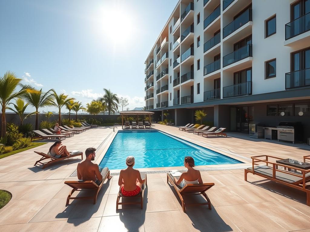 Área de lazer de condomínio com piscina e churrasqueira Área de lazer de condomínio com piscina e churrasqueira