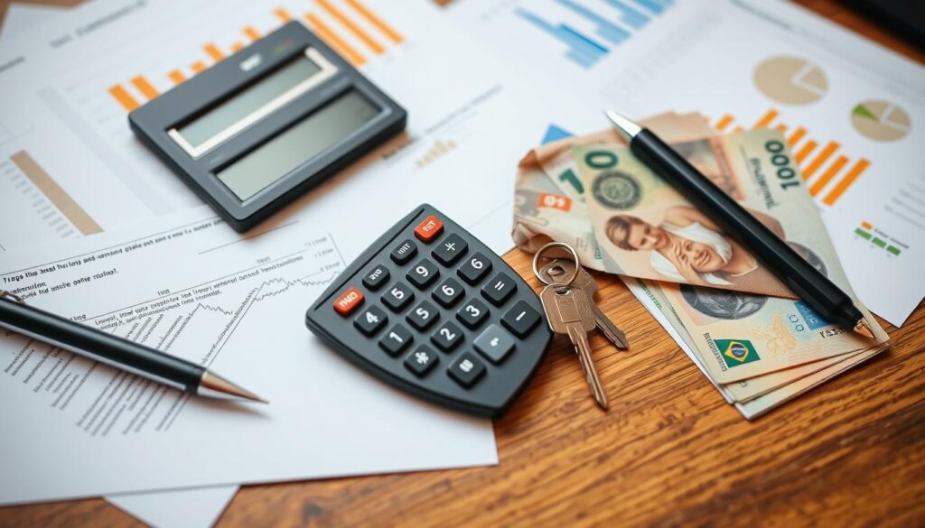 Calculadora, documentos e chaves simbolizando financiamento de apartamento Calculadora, documentos e chaves simbolizando financiamento de apartamento