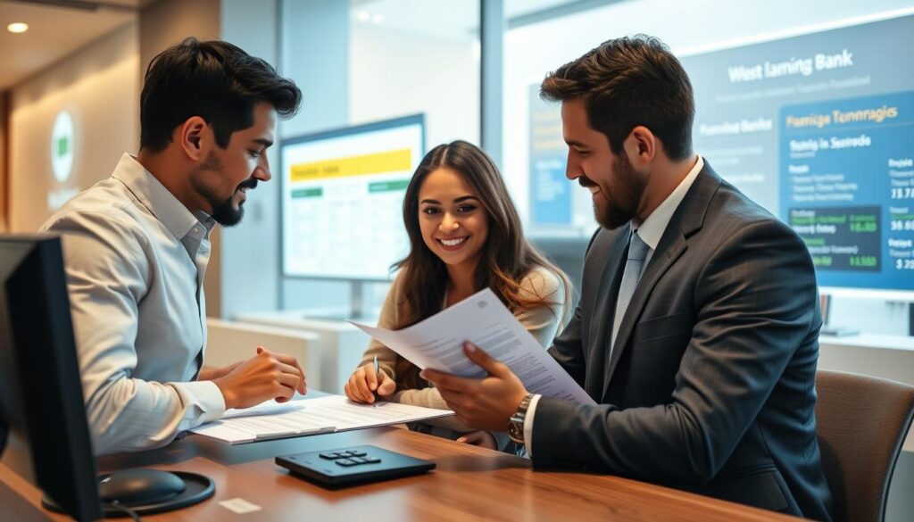 Casal assinando documentos de financiamento para apartamento à venda Casal assinando documentos de financiamento para apartamento à venda