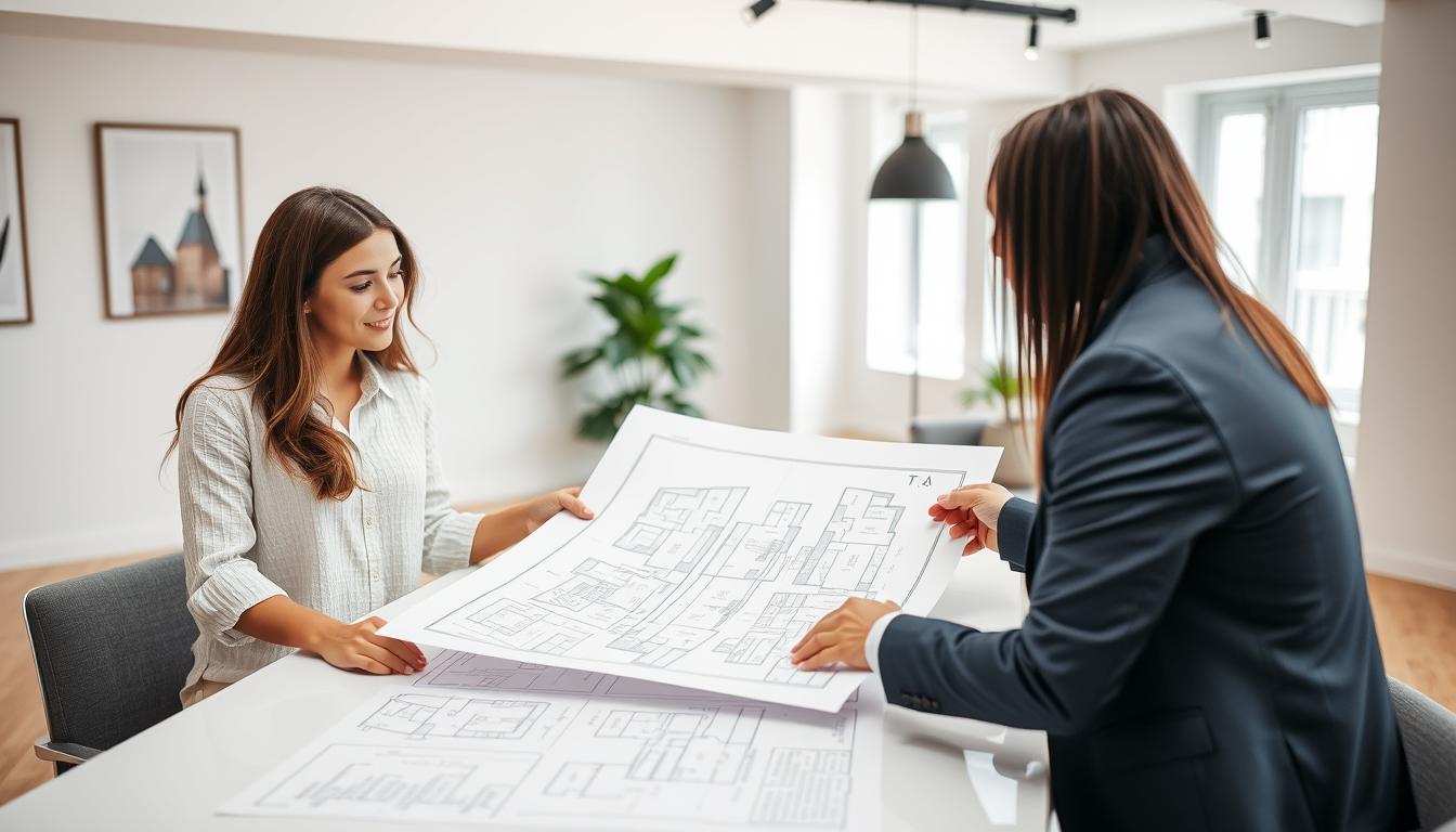 Pessoa analisando plantas de apartamento à venda com corretor
