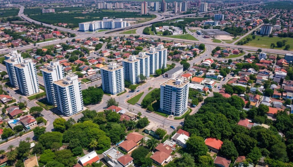 Vista aérea de bairro residencial com diferentes opções de apartamentos à venda Vista aérea de bairro residencial com diferentes opções de apartamentos à venda