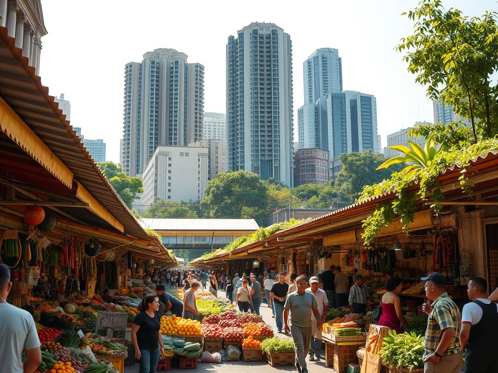 A bustling outdoor mercado in the heart of São Paulo, Brazil. In the foreground, vibrant stalls overflow with fresh produce, artisanal goods, and local delicacies. Vendors call out to passersby, creating a lively atmosphere. The middle ground features a mix of modern and historic architecture, reflecting the city's blend of old and new. In the background, towering high-rise buildings and lush green foliage set the scene, evoking the dynamic and prosperous nature of São Paulo's high-end real estate market. Warm, diffused sunlight bathes the scene, conveying a sense of energy and opportunity. The overall impression is one of a thriving, cosmopolitan marketplace at the center of a booming luxury housing sector.