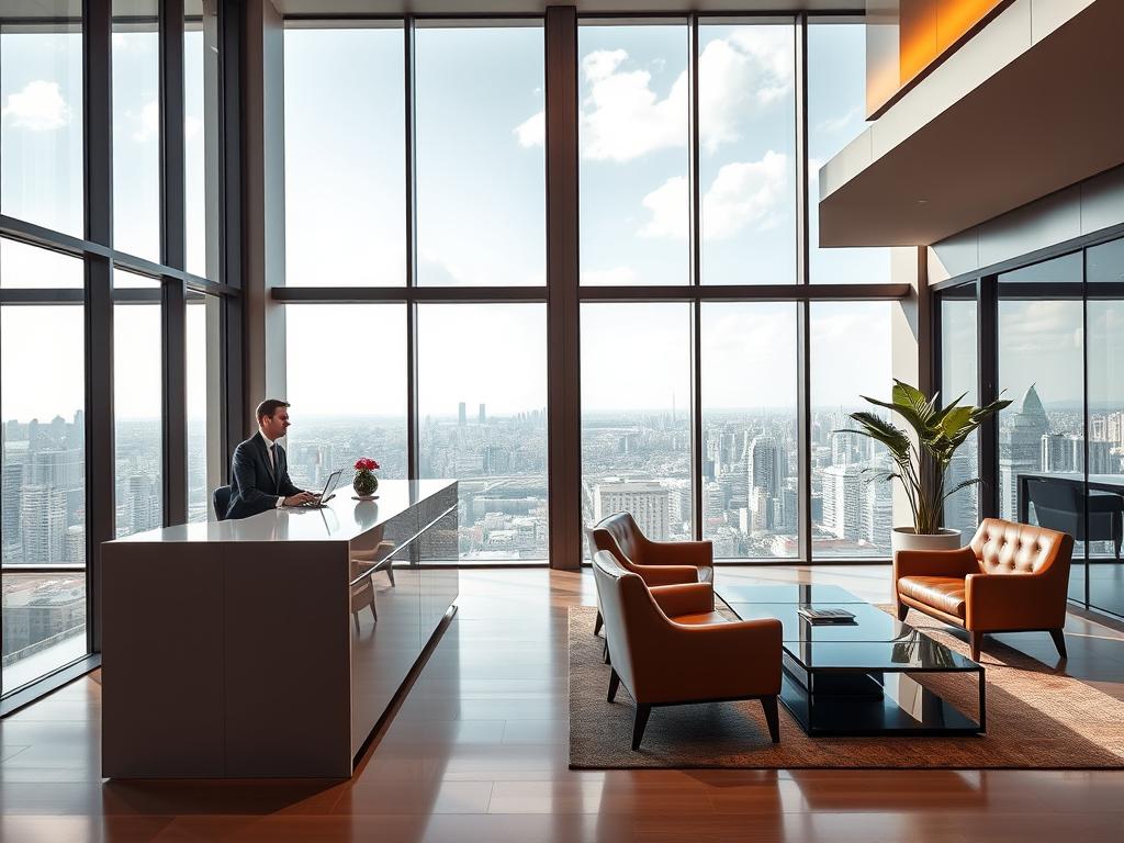 A high-end luxury real estate office in São Paulo, Brazil. The sleek, modern building features floor-to-ceiling windows that let in abundant natural light, creating a warm and inviting atmosphere. In the foreground, a minimalist reception desk is staffed by a well-dressed, attentive real estate agent ready to provide specialized service. The middle ground showcases a cozy seating area with plush leather chairs and a polished coffee table, where clients can comfortably discuss their property needs. The background reveals a panoramic view of the vibrant city skyline, suggesting the prime location and exclusivity of the establishment. The overall scene conveys a sense of professionalism, sophistication, and a dedication to catering to the discerning tastes of the high-end real estate market.