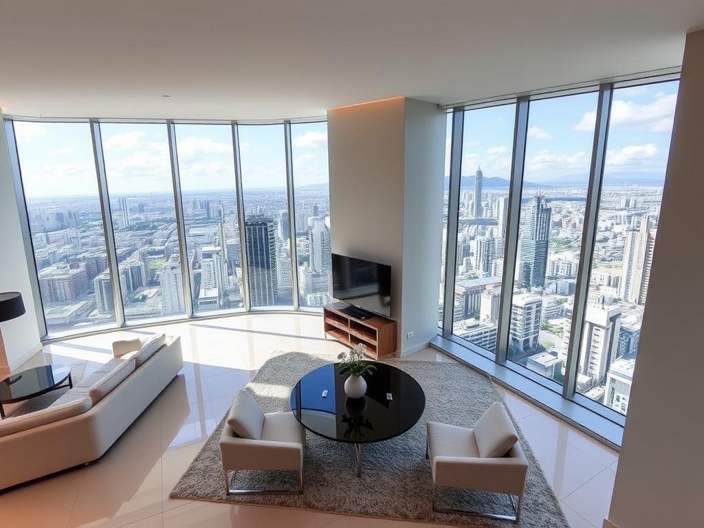 A luxurious high-rise apartment in the heart of São Paulo, boasting panoramic city views through floor-to-ceiling windows. Sleek, modern interiors with an open-concept layout, featuring premium materials and state-of-the-art appliances. Abundant natural light bathes the space, creating a warm, inviting ambiance. A spacious balcony overlooks the bustling cityscape below, offering a tranquil retreat amidst the urban landscape. Subtle lighting fixtures accentuate the clean, minimalist design, exuding an atmosphere of sophistication and exclusivity. This stunning apartment exemplifies the epitome of high-end living in the vibrant city of São Paulo.