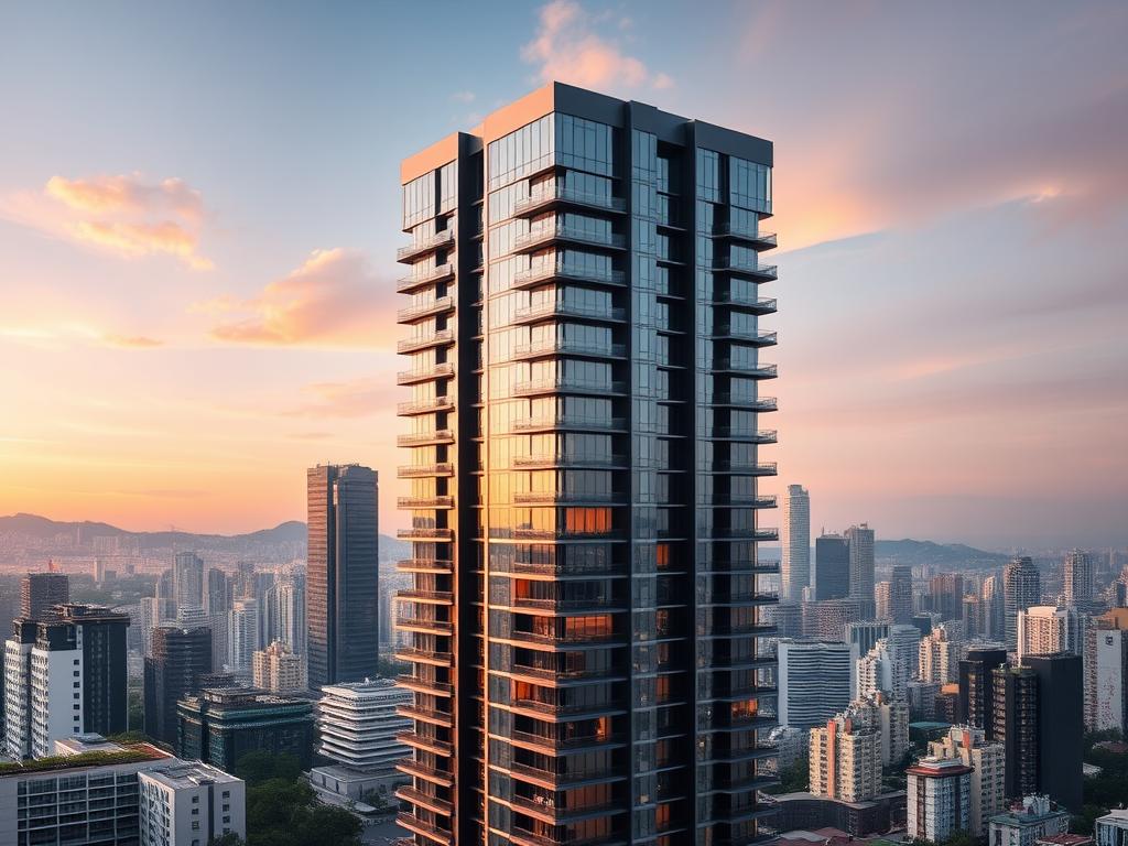 A sleek, high-rise residential building set against a backdrop of the vibrant São Paulo skyline. The building's architectural design features a clean, vertical layout with elegant glass facades that reflect the surrounding cityscape. The structure stands tall, projecting a sense of sophistication and efficiency. In the foreground, the image captures the building's well-proportioned geometry, showcasing the careful attention to detail in its construction. Warm, diffused lighting accentuates the building's sharp lines and modern aesthetic, creating a welcoming, yet premium atmosphere. This image embodies the essence of a vertically integrated, high-quality residential development in the heart of São Paulo's luxury real estate market.