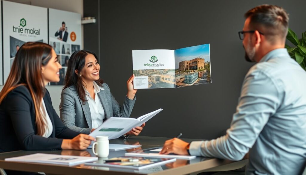 Corretor apresentando seu portfólio diferenciado para clientes potenciais