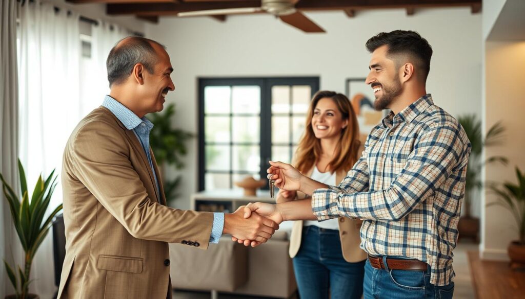 Corretor comemorando a venda de um imóvel com clientes satisfeitos