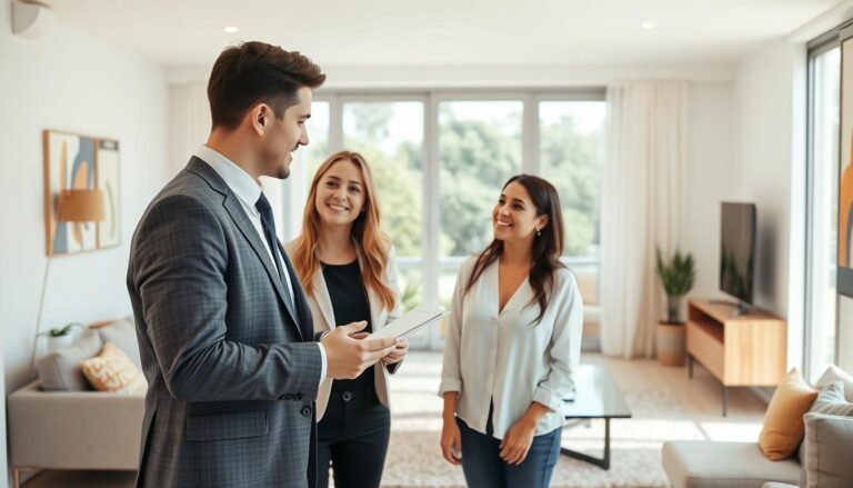Corretor de imóveis apresentando uma propriedade para clientes interessados