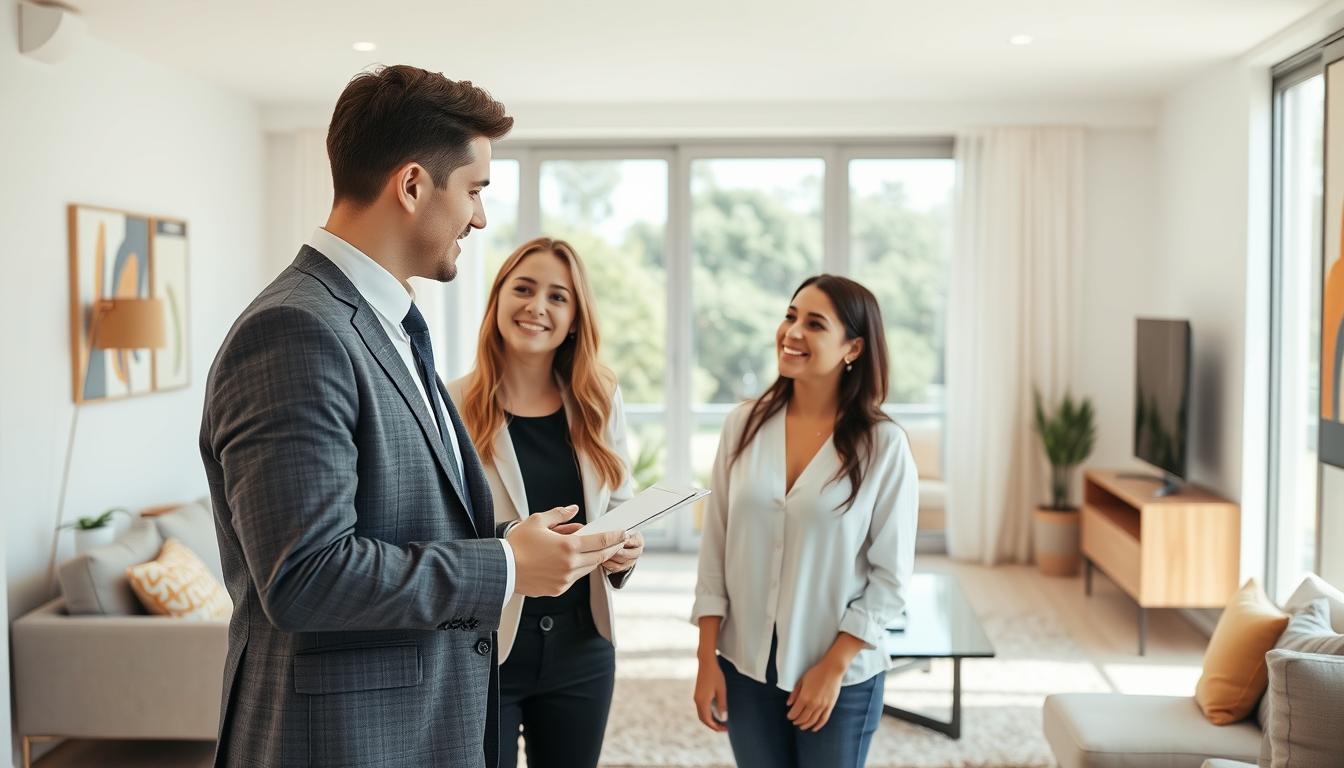 Corretor de imóveis apresentando uma propriedade para clientes interessados