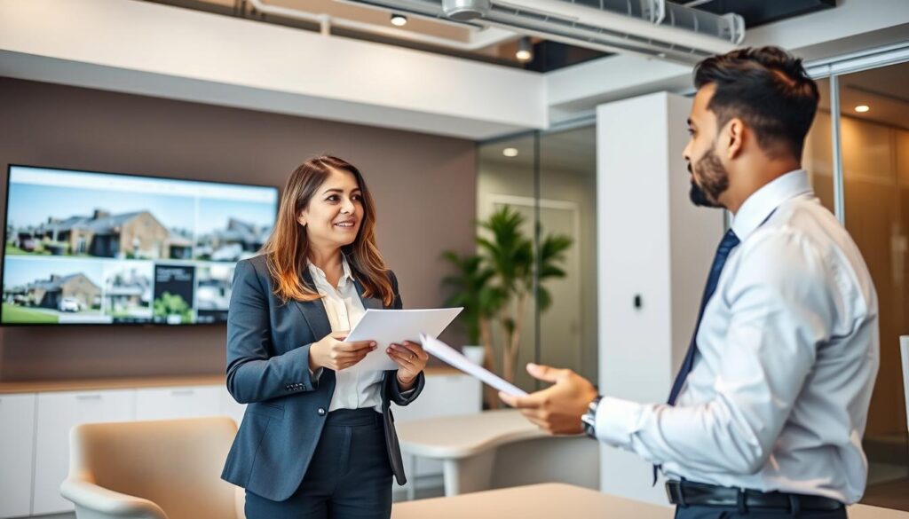 Corretor de imóveis negociando com clientes em um escritório moderno