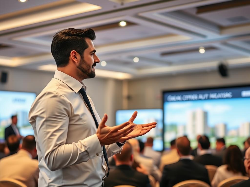 Corretor de sucesso compartilhando sua experiência em um evento do setor