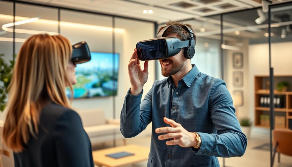 Corretor utilizando realidade virtual para mostrar imóveis a clientes