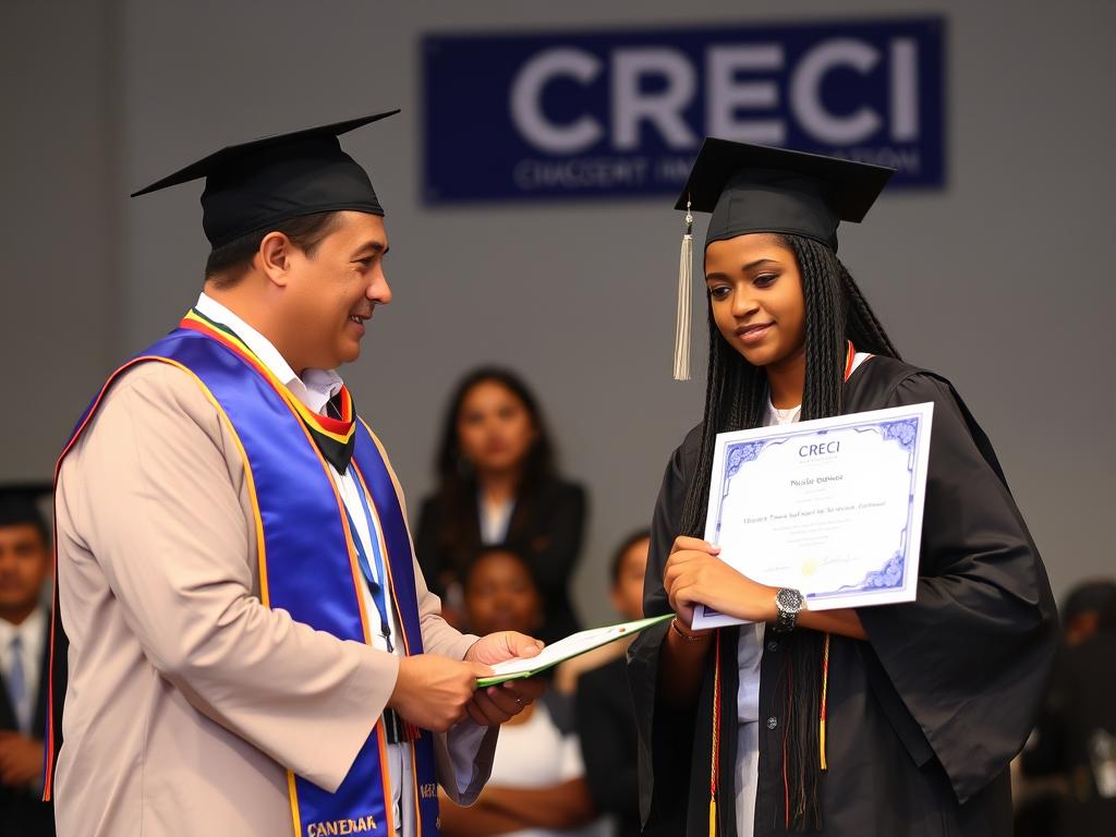 Formando de curso TTI recebendo certificado de Técnico em Transações Imobiliárias