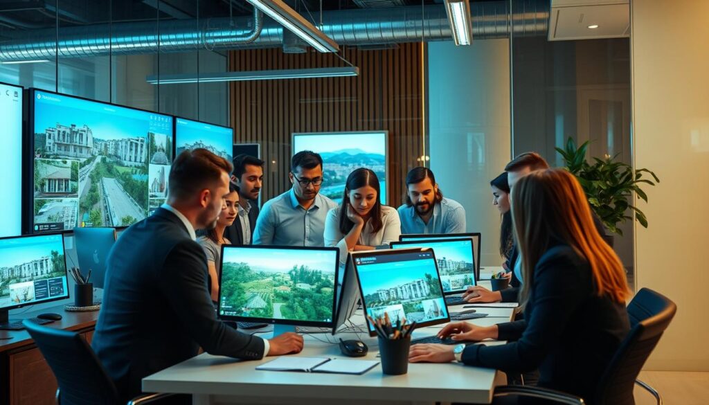 Grupo diverso de corretores de imóveis trabalhando em um escritório moderno