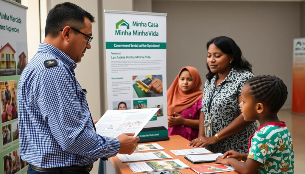 Atendente explicando detalhes do programa Minha Casa Minha Vida para uma família interessada