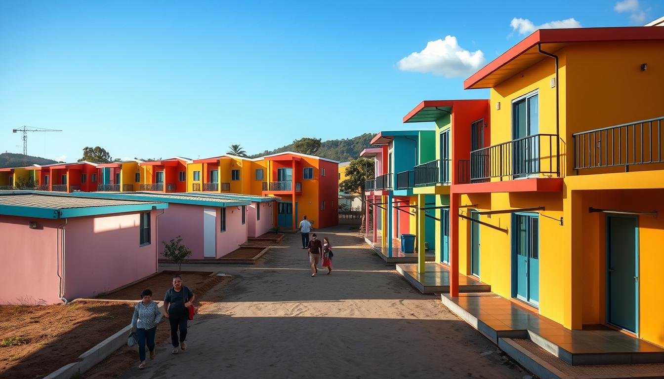 Conjunto habitacional do programa Minha Casa Minha Vida com casas e apartamentos coloridos