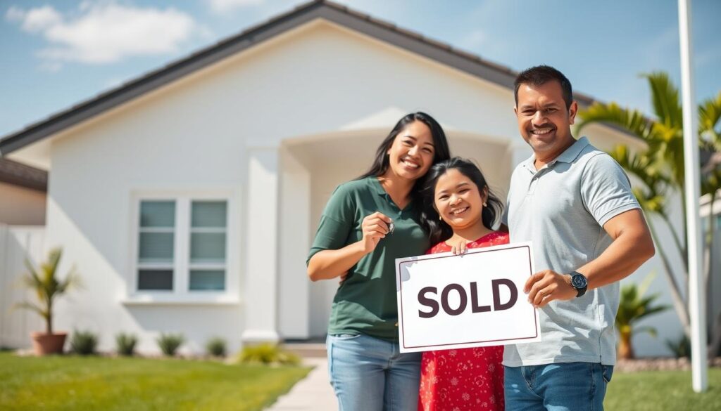 Família feliz em frente à casa própria após processo de simulação habitacional Caixa