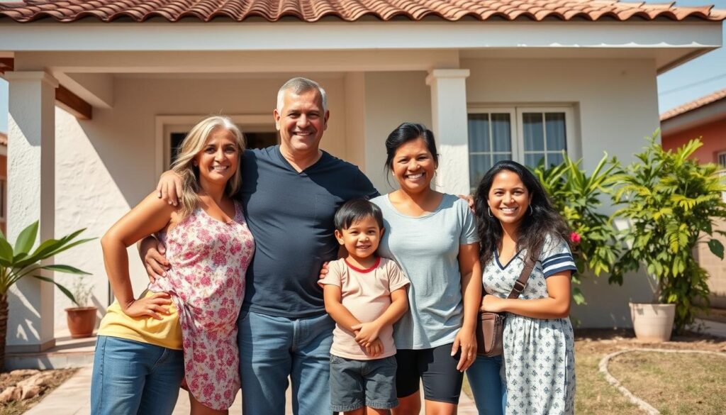Família feliz em frente à sua nova casa adquirida pelo programa Minha Casa Minha Vida