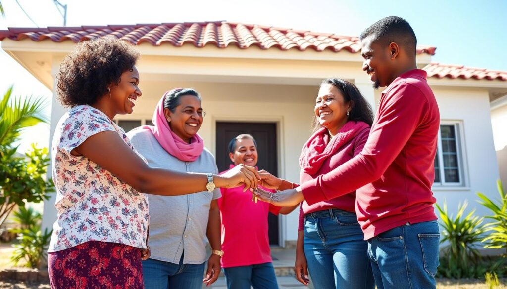 Família recebendo as chaves de sua casa financiada pela simulação habitacional Caixa