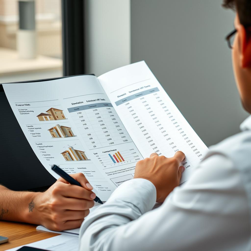Pessoa analisando resultados impressos da simulação habitacional Caixa